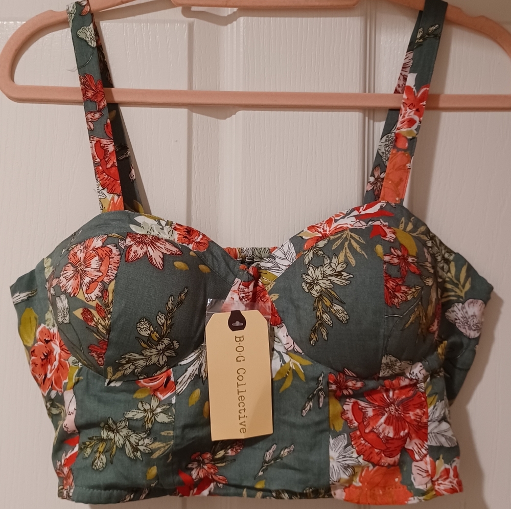 B.O.G. COLLECTIVE BOUSTIER TANK TOP SPRING SUMMER FLOWERS ELASTIC STRETCH